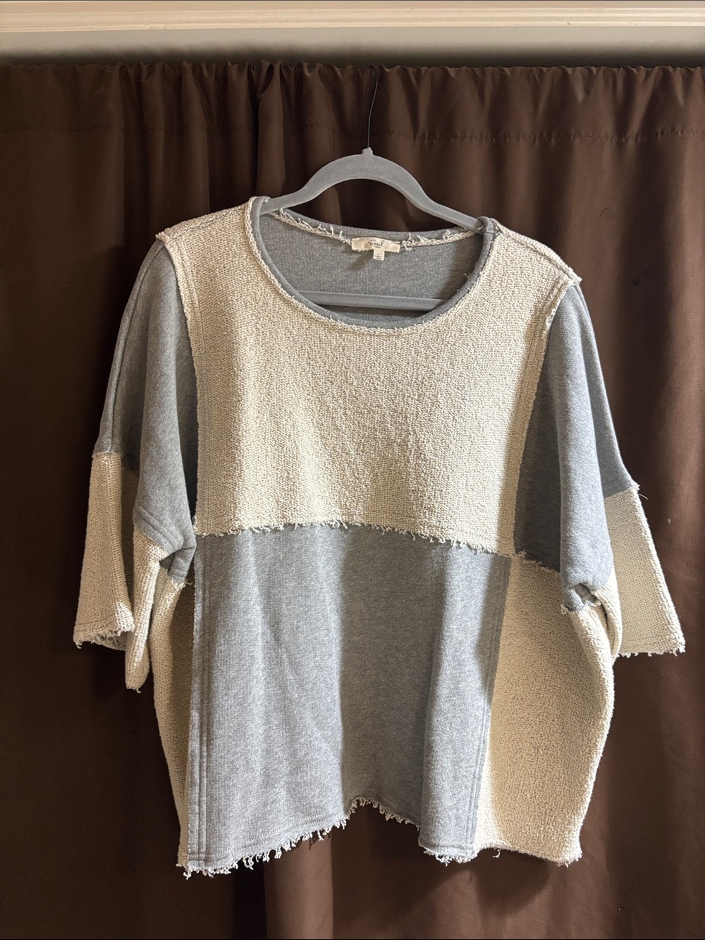 easel Two-Tone Cream and Gray Patchwork Crewneck Sweater